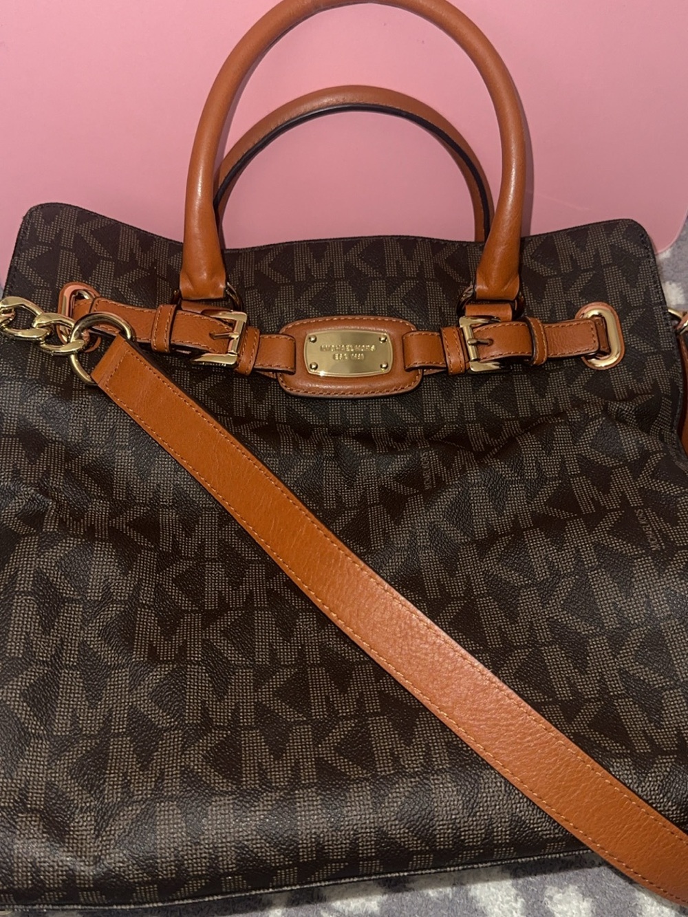 Michael Kors Brown Logo Messenger with Tan Leather Trim
